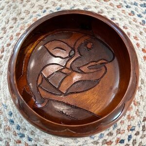 Handcrafted Wooden Bowl with Carved Fish Design